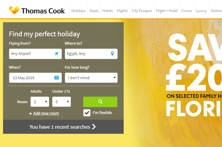 Thomas Cook case study. Left hand search panel test on Desktop